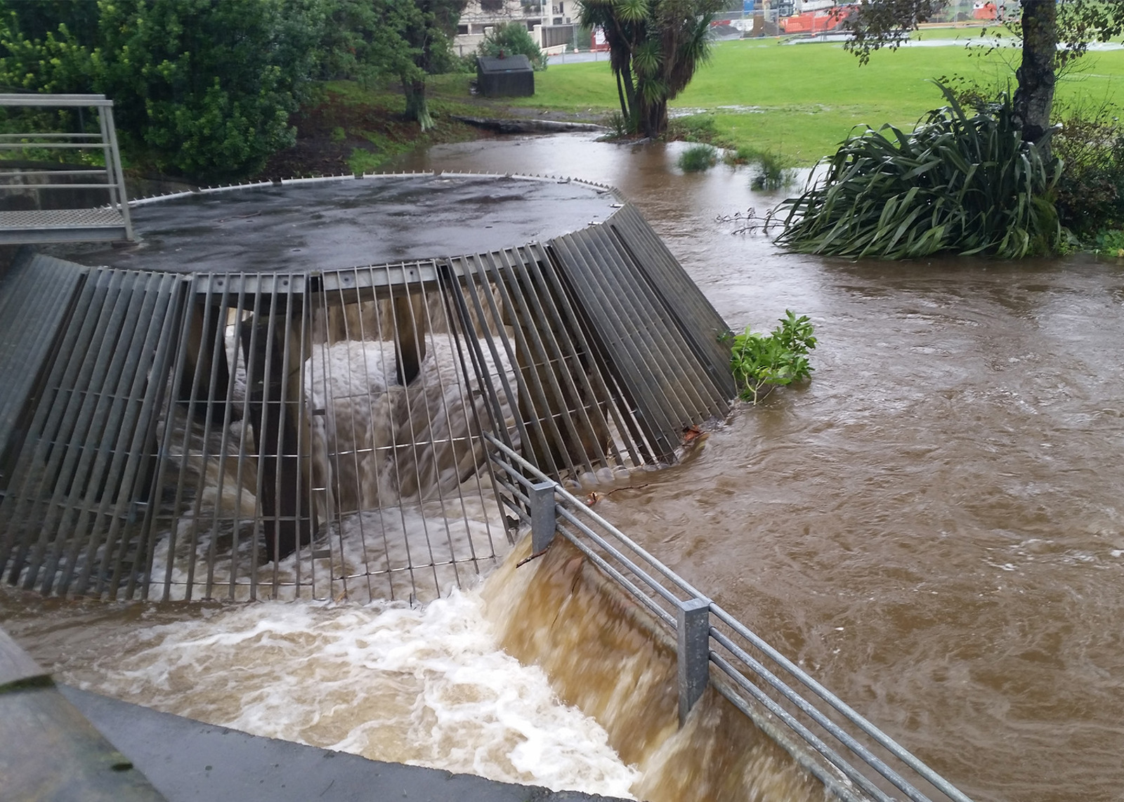 Bonithon Avenue diversion tunnel inlet during flooding.