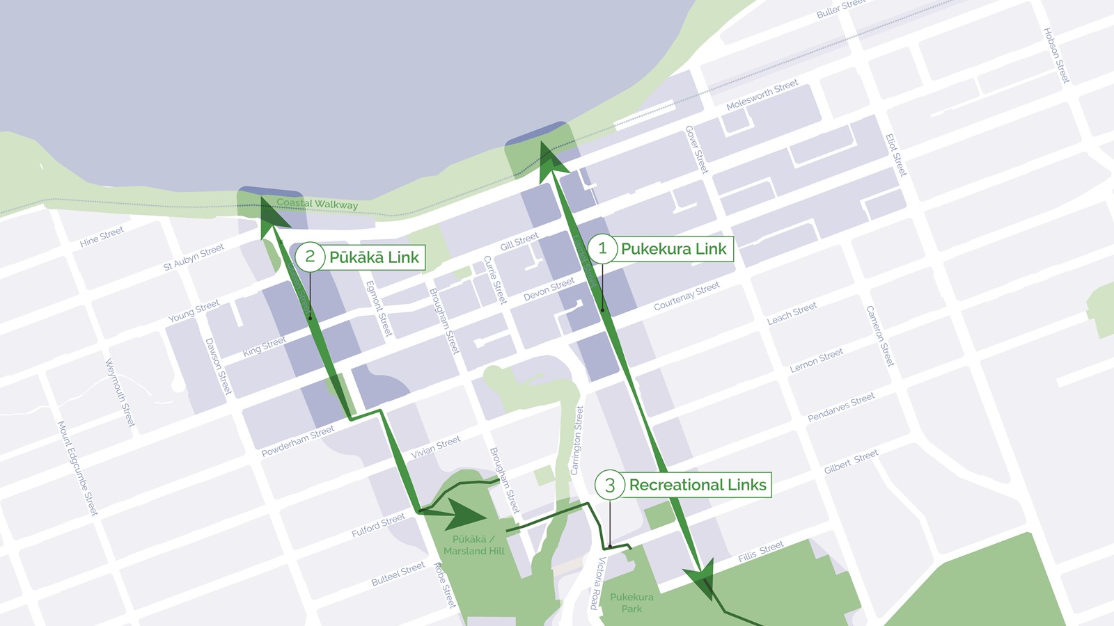 Map of New Plymouth showing green links