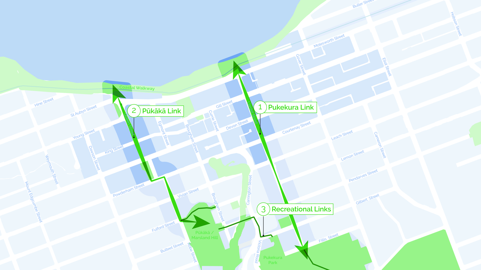 Map of New Plymouth showing green links