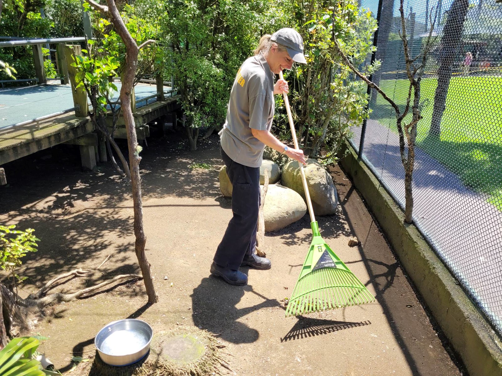 A volunteer at Brooklands Zoo tidies up an enclosure.