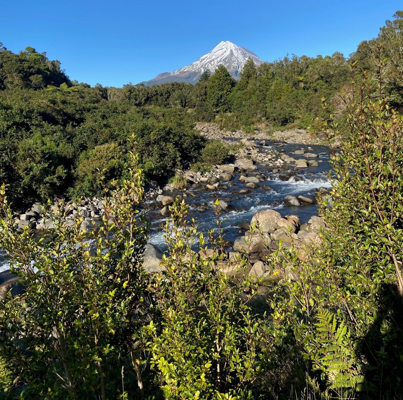 Photo of mountain with snow on it with Waiwhakaiho River in the foreground