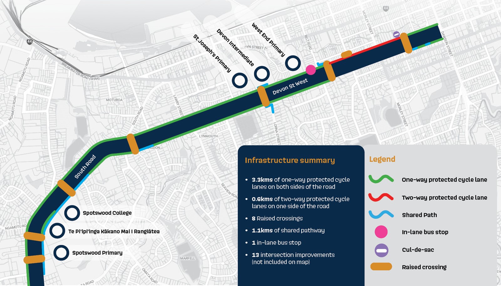 Map of option 3 - two-way protected cycle lane and reduced in-lane bus stops.